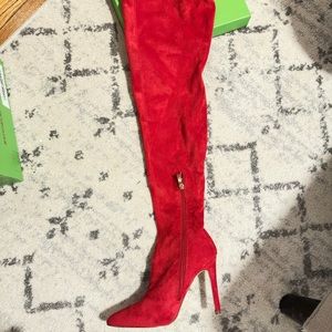 Red faux suede over then knee boots